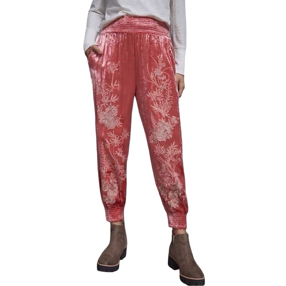 Anthropologie Rosie Velvet Jogger Pants Floral Embroidery Metallic Stretch Small